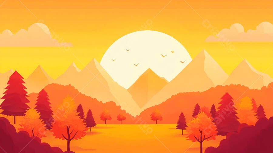 Ilustração Pôr do Sol Montanhas Laranjas e Amarelas