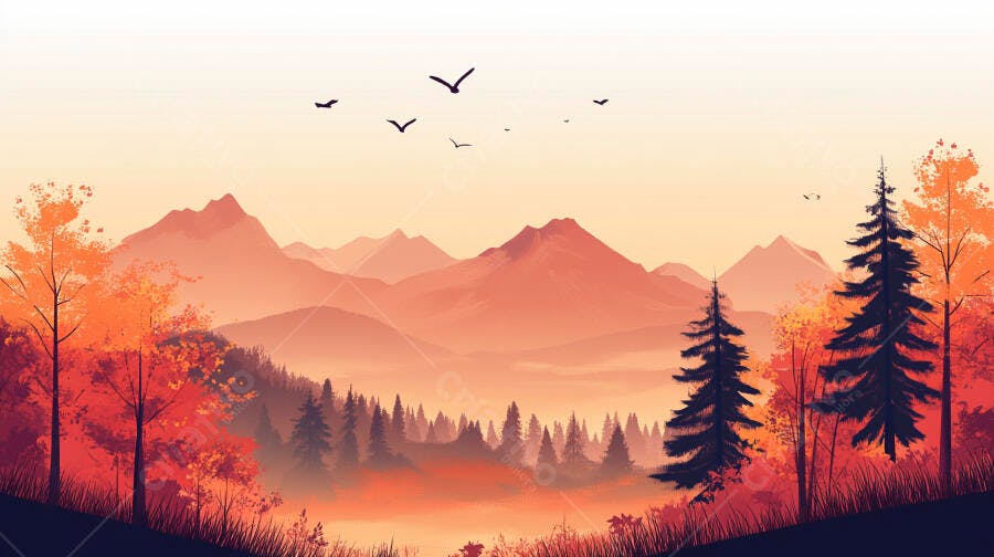 Ilustração Paisagem Montanhas Outono Pássaros Voando