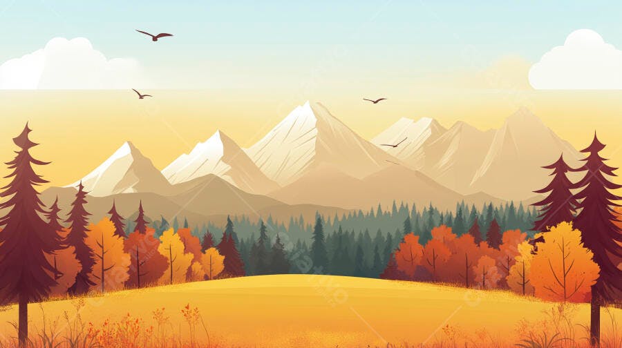 Ilustração Montanhas Outono Floresta Pinheiros Pássaros