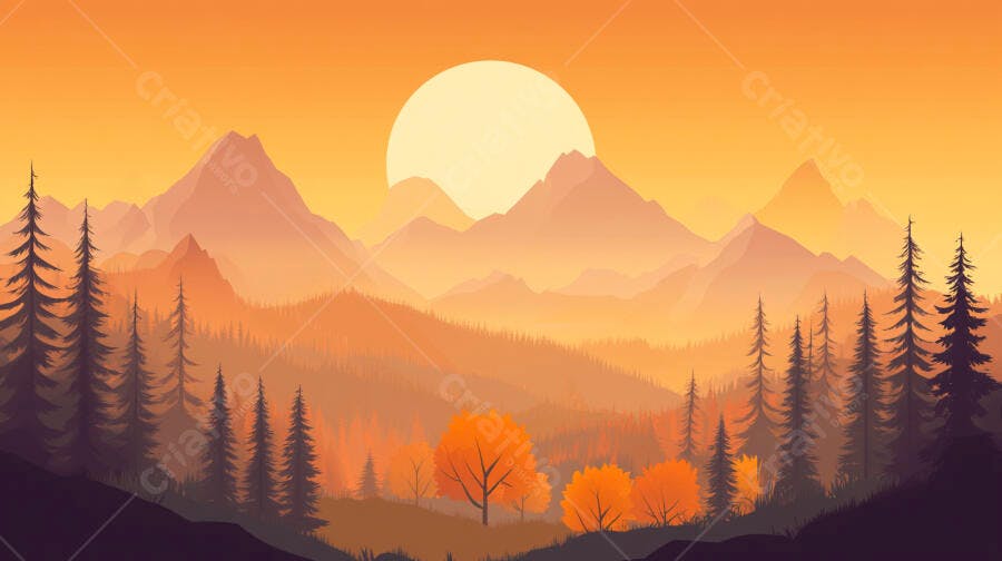 Ilustração Pôr do Sol Montanhas Laranjas e Árvores Pinheiros