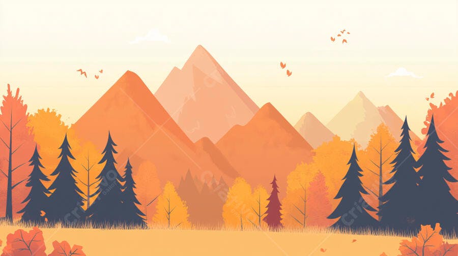 Ilustração Vetorial Montanhas Outono Floresta Laranja