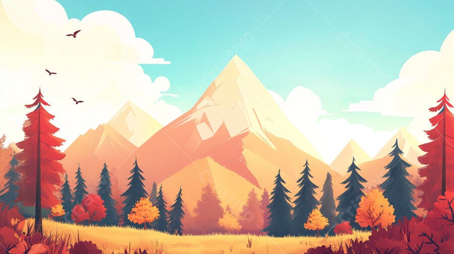 Ilustração Montanhas Outono Floresta Colorida Céu Azul