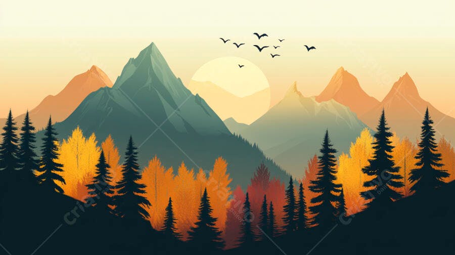 Ilustração Montanhas e Floresta Outono Pôr do Sol Vetor