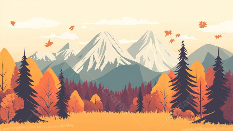 Ilustração Paisagem Outono Montanhas Floresta Laranjas