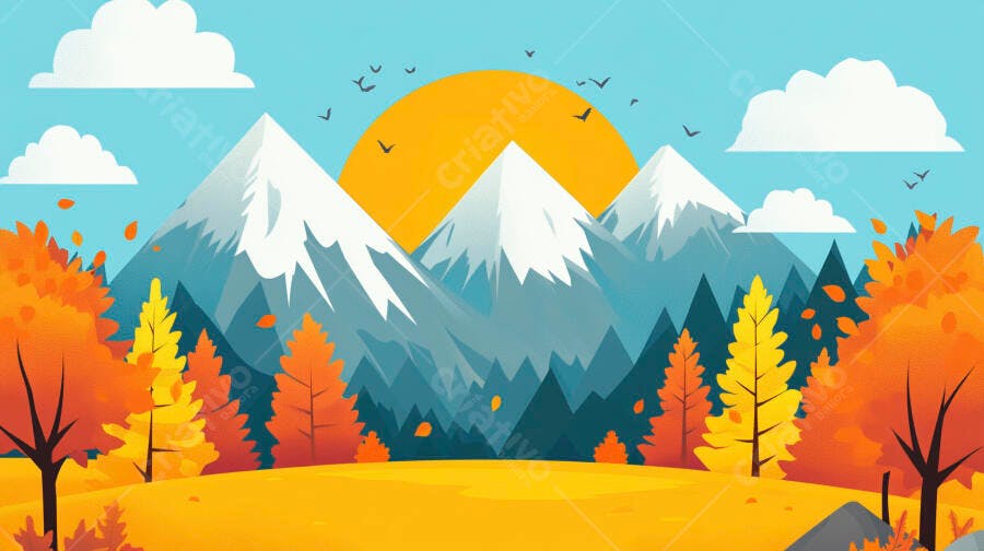 Ilustração Paisagem Outono Montanhas Sol Nuvens