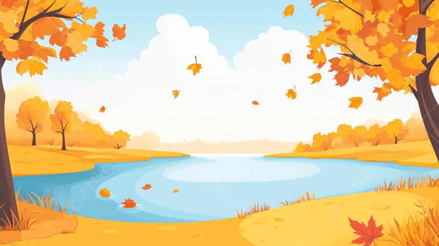 Ilustração Outono Lago Árvores Folhas Caindo Paisagem