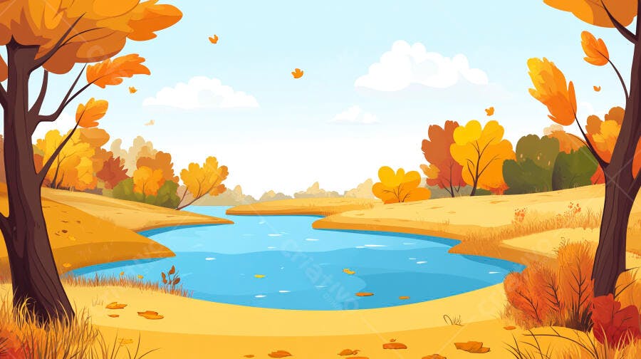 Cenário Outono Lago Árvores Folhas Amarelas Laranjas Ilustração