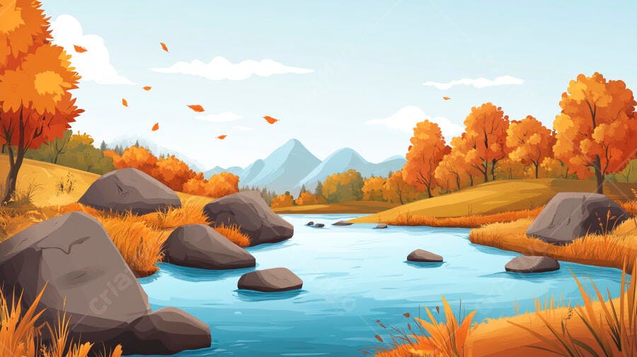 Paisagem Outono Rio Montanhas Folhas Caindo Ilustração