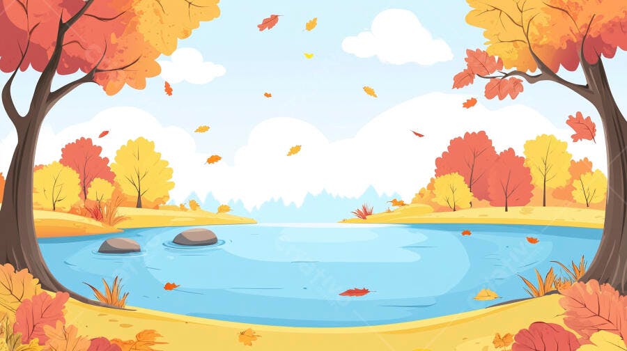 Ilustração Outono Lago Árvores Folhas Caindo Paisagem