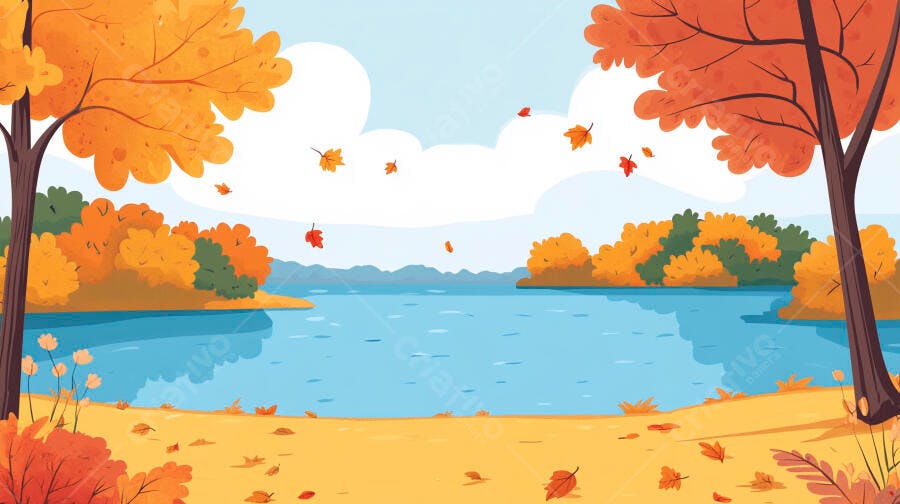 Ilustração Paisagem Outono Lago Árvores Folhas Caindo