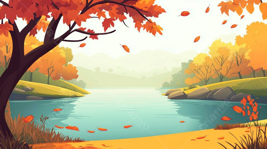 Paisagem Outono Rio Árvores Folhas Laranjas Ilustração