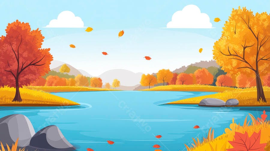 Ilustração Paisagem Outono Lago Árvores Folhas Caindo
