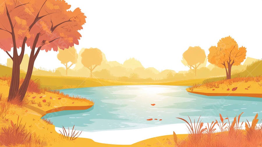 Ilustração Paisagem Outono Lago Árvores Folhas Laranjas