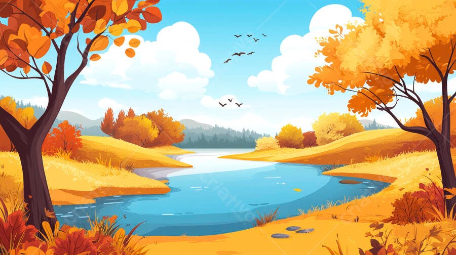 Ilustração Paisagem Outono Rio Árvores Folhas Laranjas