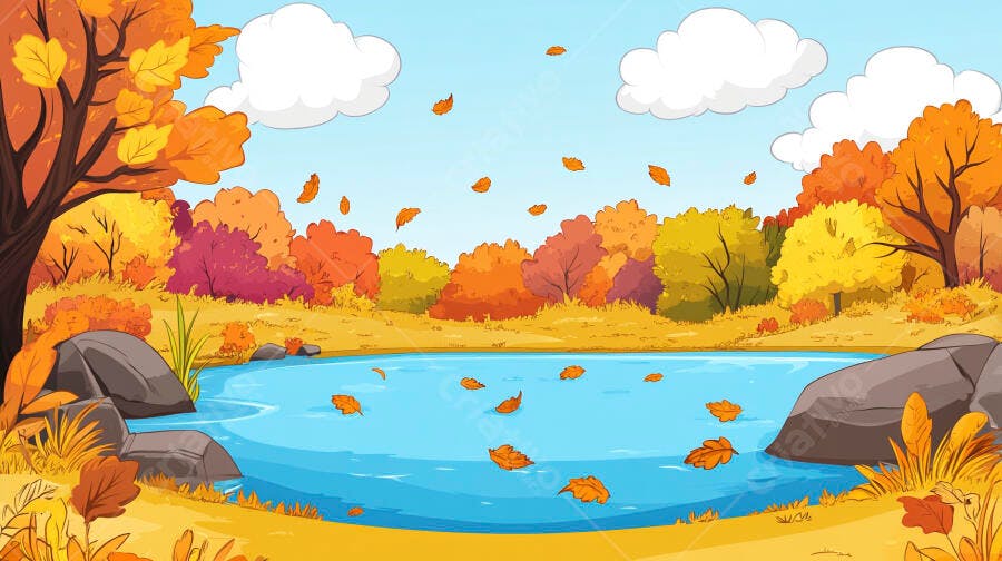 Ilustração Outono Lago Folhas Caindo Natureza