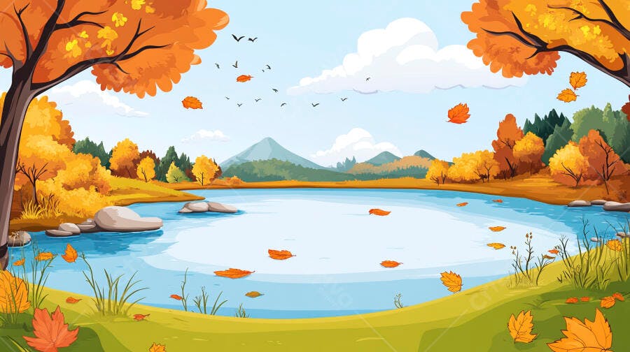 Ilustração Paisagem Outono Lago Árvores Folhas Laranjas