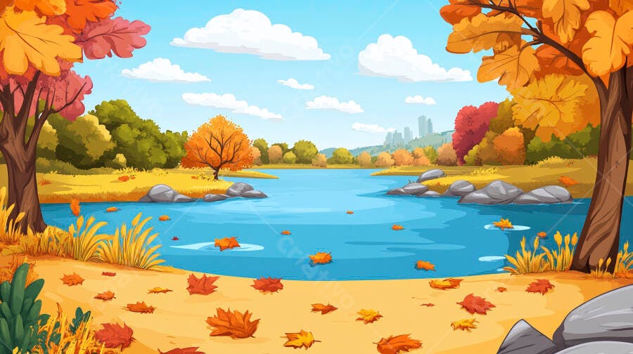 Ilustração Outono Lago Folhas Caídas Cenário Natural