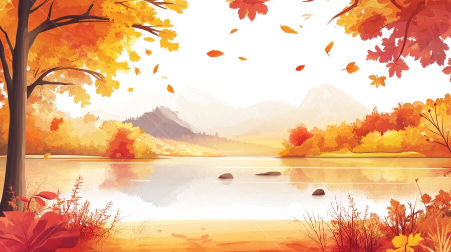 Ilustração Outono Lago Montanhas Folhas Caindo Árvores Laranjas