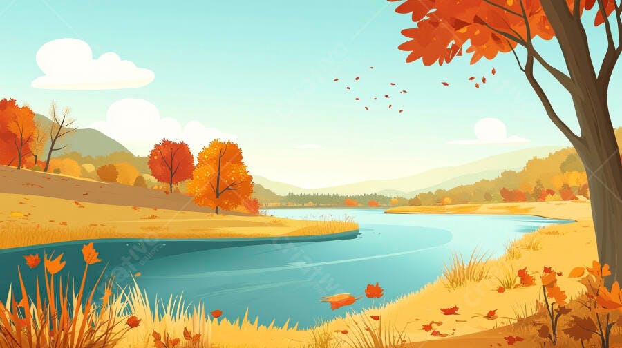 Ilustração Paisagem Outono Rio Árvores Folhas Laranjas