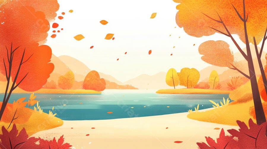 Ilustração Paisagem Outono Lago Árvores Folhas Caindo