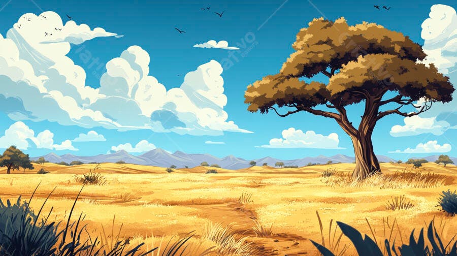 Ilustração Savana Africana Árvore Acácia Céu Azul