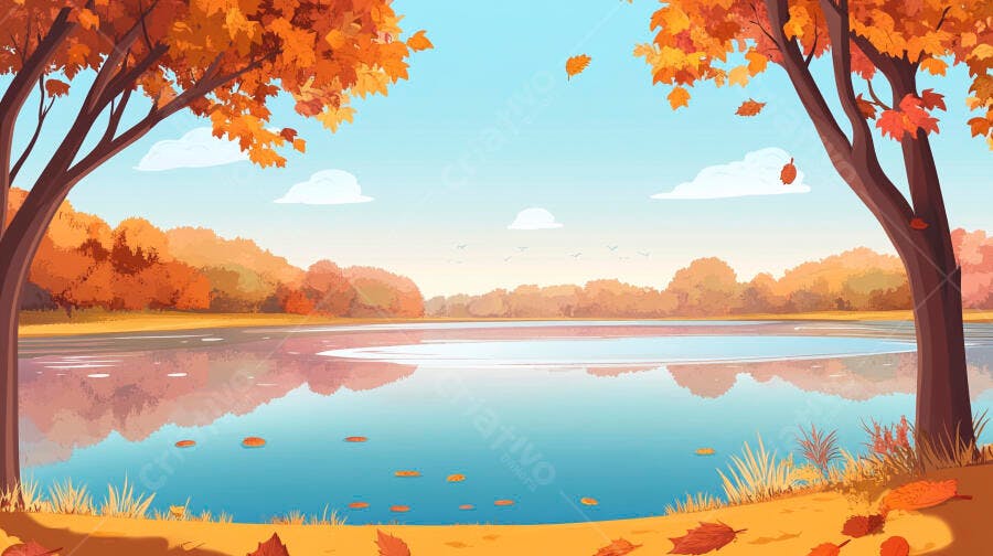 Ilustração Paisagem Outono Lago Árvores Folhas Laranjas