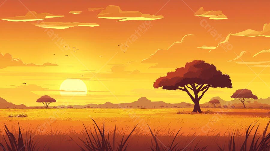Ilustração Pôr do Sol Savana Africana Árvores Acácia