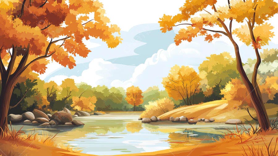 Ilustração Paisagem Outono Lago Árvores Folhas Laranjas