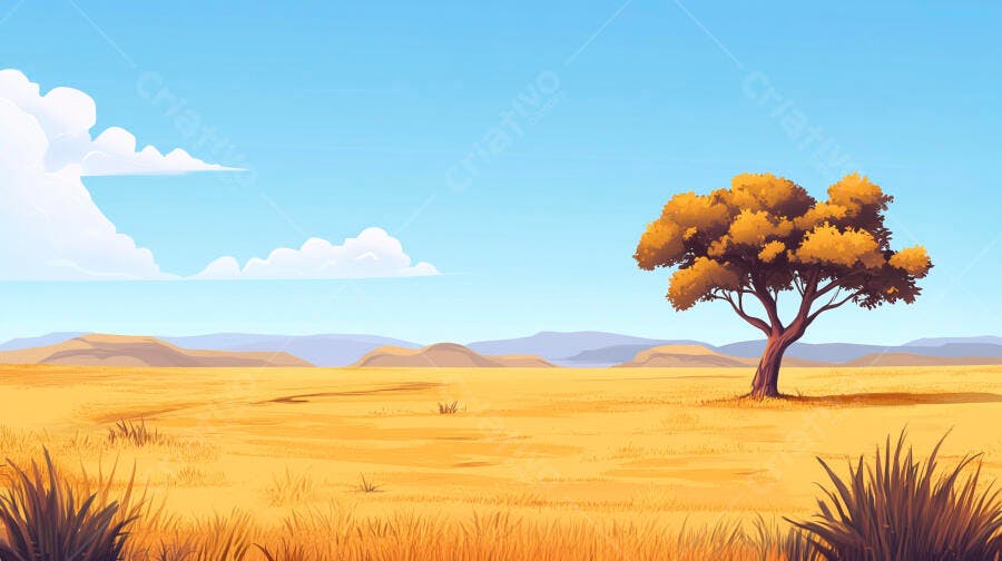 Ilustração Savana Africana Árvore Acácia Céu Azul