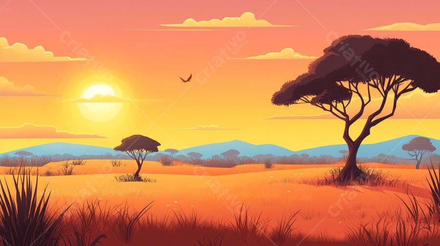 Ilustração Pôr do Sol Savana Africana Árvores Acácia