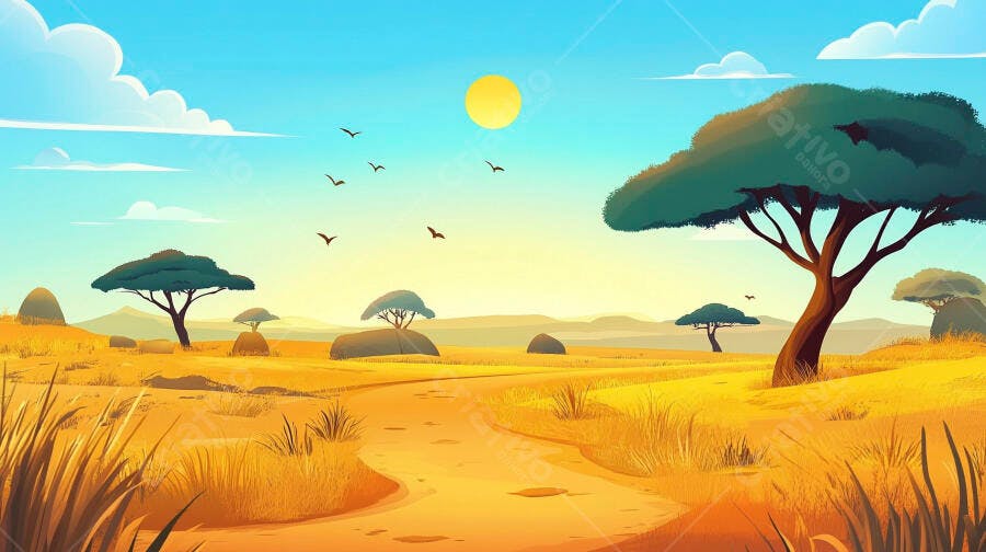 Ilustração Savana Africana Pôr do Sol com Árvores e Pássaros