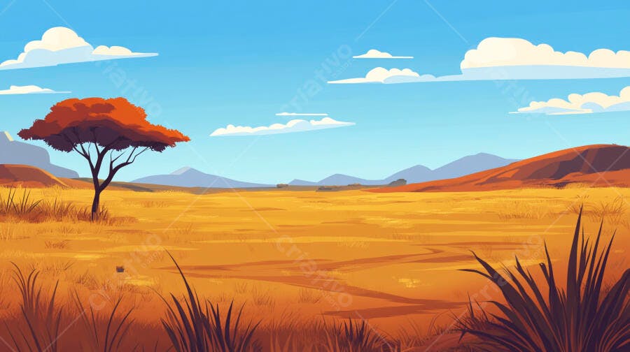 Ilustração Savana Africana Árvore Acácia Campo Dourado Céu Azul
