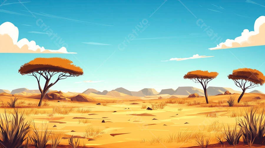 Ilustração Savana Africana Árvores Acácia Céu Azul