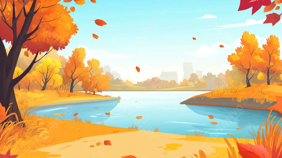 Ilustração Paisagem Outono Lago Árvores Folhas Laranjas