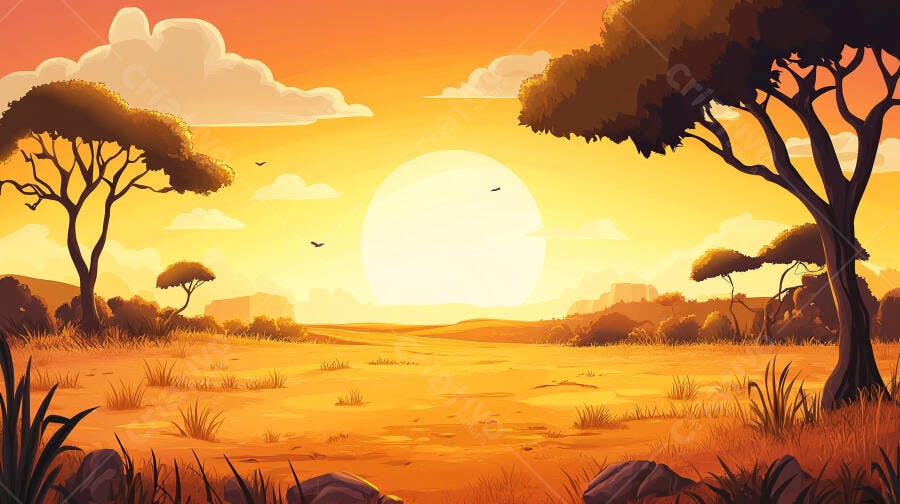 Ilustração Pôr do Sol na Savana Africana Cenário Laranja