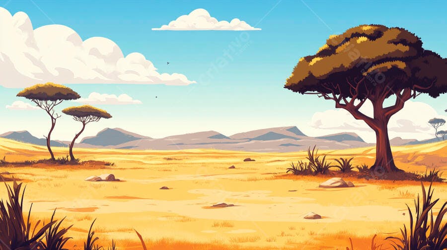 Ilustração Savana Africana com Árvores e Montanhas