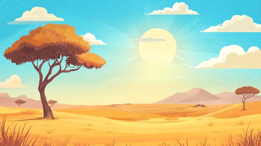 Ilustração Savana Africana Árvore Sol Nascente