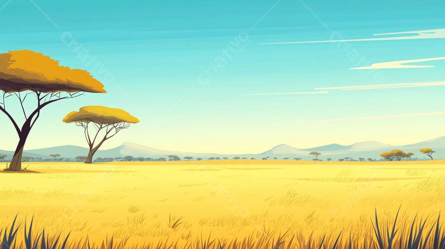 Ilustração Savana Africana Árvores Acácia Céu Azul