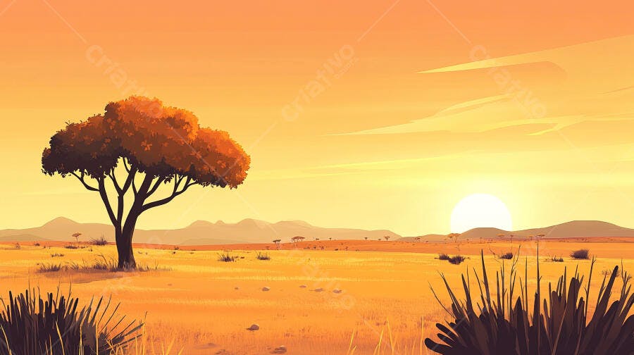 Ilustração Savana Africana Pôr do Sol Árvore Solitária