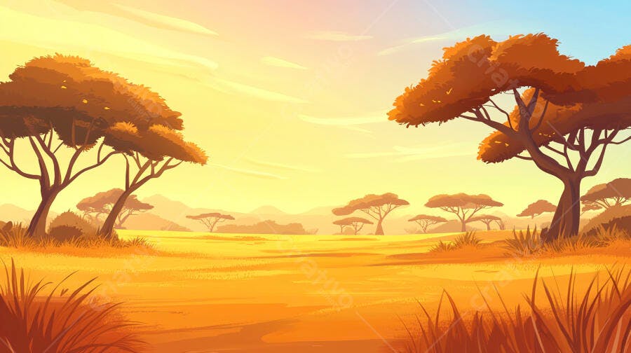 Ilustração Savana Africana Pôr do Sol Paisagem Árvores Acácia