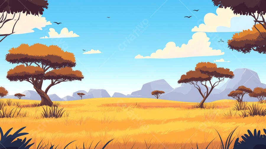 Ilustração Savana Africana Paisagem com Árvores e Montanhas