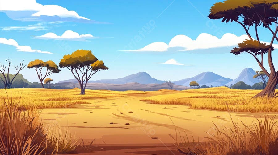 Paisagem Savana Africana Desenho Animado Fundo Montanhas