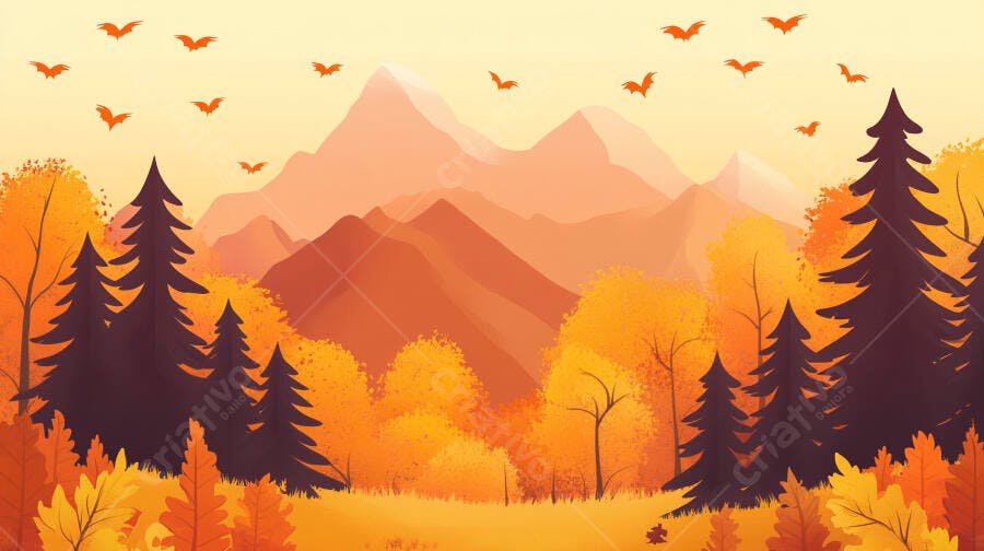 Ilustração Paisagem Outono Montanhas Floresta Laranjas Pássaros