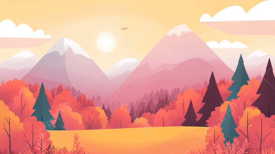 Ilustração Paisagem Montanhas Outono Sol Nascente