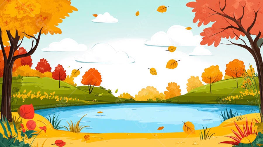 Ilustração Outono Lago Folhas Caindo Paisagem Colorida