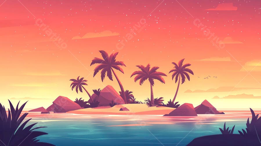 Ilha Tropical Pôr do Sol Palmeiras Mar Azul Céu Laranja