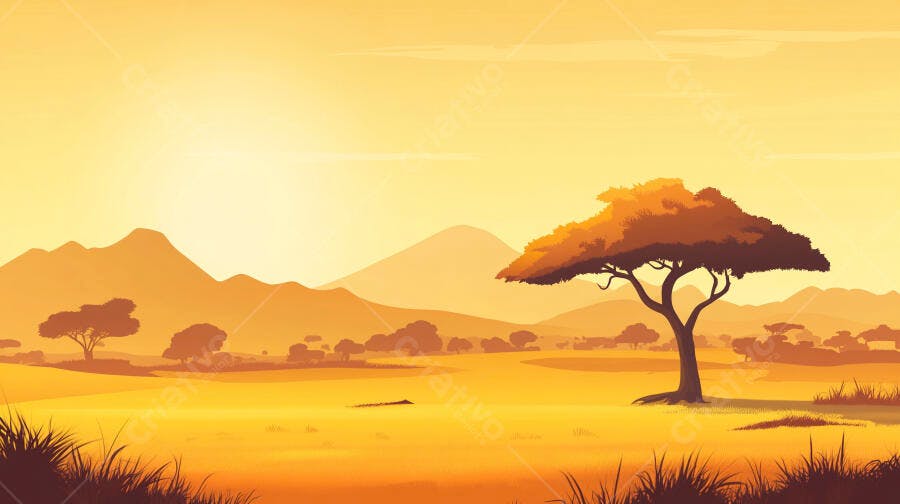Ilustração Savana Africana Pôr do Sol Árvore Acácia