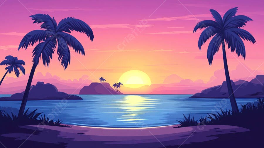 Pôr do Sol Tropical Praia Palmeiras Ilha Ilustração Vetorial