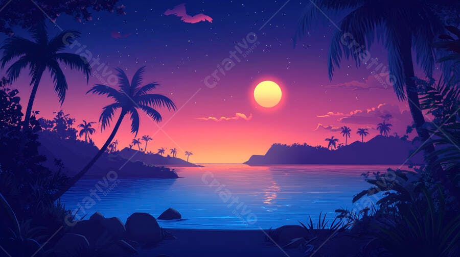 Ilustração Pôr do Sol Tropical Praia Palmeiras Noturno