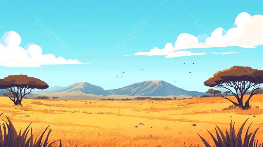 Ilustração Savana Africana Paisagem Montanhas e Árvores
